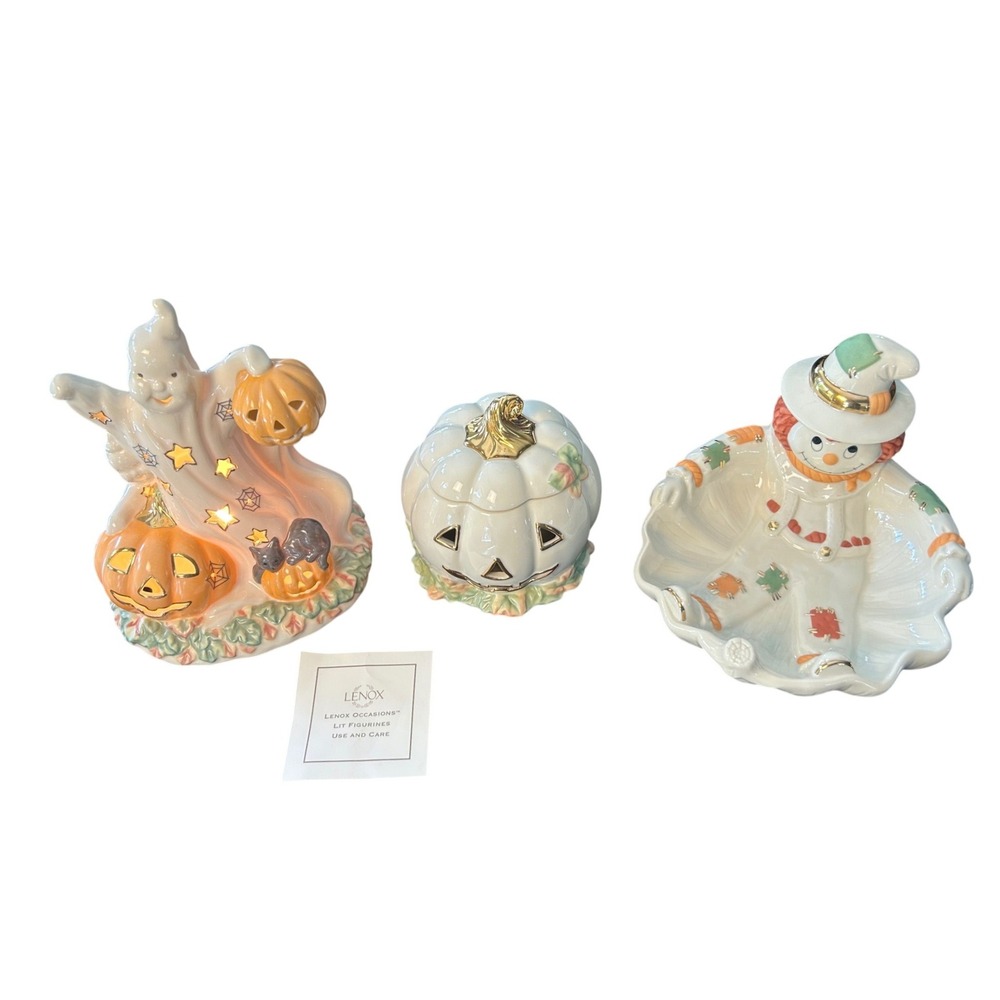Vintage Lenox Halloween Figurine Set Of 3 Ghost Light Pumpkin Scarecrow Gold